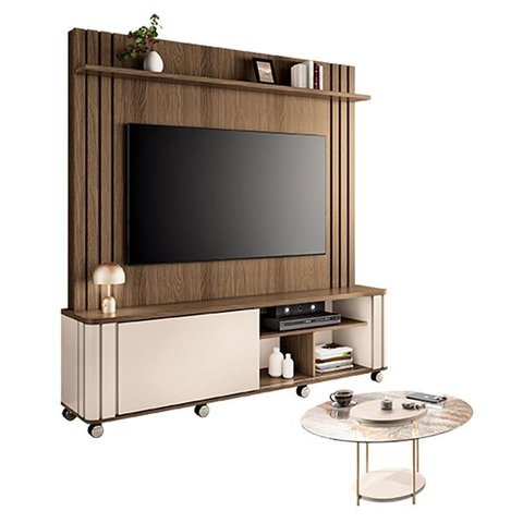 Estante Home Theater Trinus Castanho Off White com Mesa de Centro Sky com Tampo de Vidro Off White