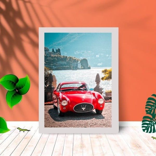 Quadro Decorativo Maserati Vermelho com Moldura e Vidro Sala:Branco - 1
