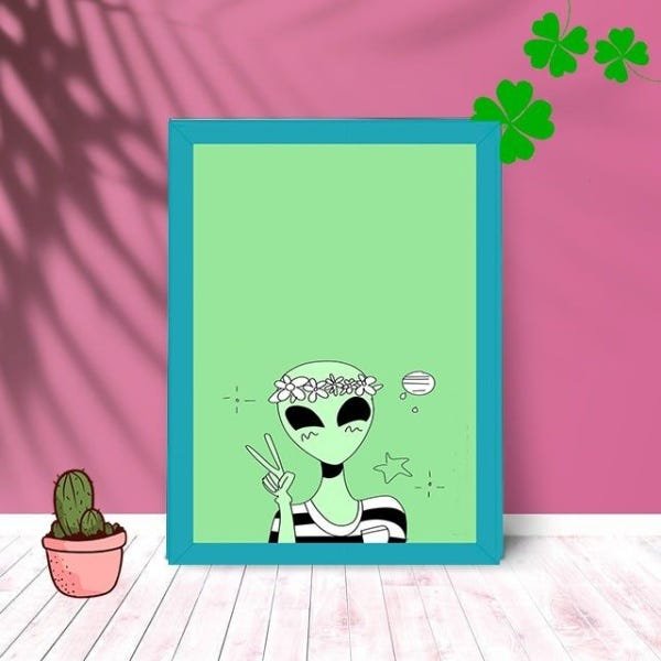 Quadro Decorativo Alien Da Paz com Moldura e Vidro 25X33:Azul - 1
