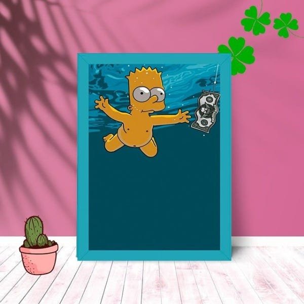 Quadro Decorativo Bart Simpson Fisgado com Moldura e Vidro:Azul - 1