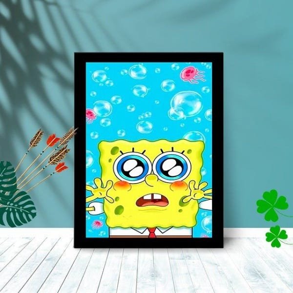 Quadro Decorativo Bob Esponja Bolha com Moldura e Vidro 25X33:Preto - 1