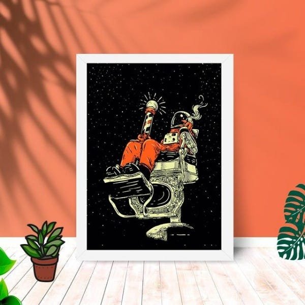 Quadro Decorativo Astronauta Barbershop com Moldura e Vidro:Branco - 1