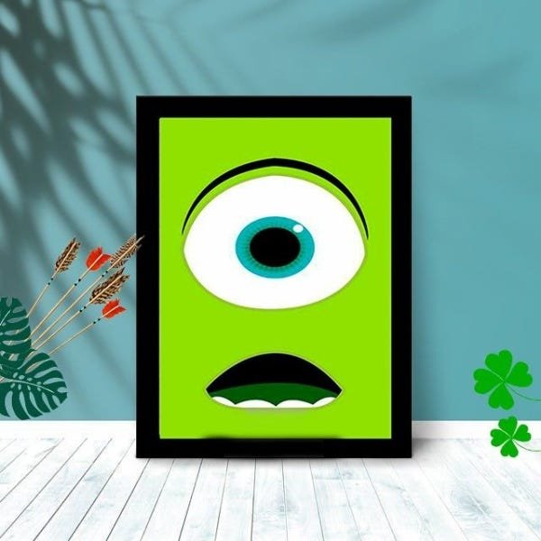 Quadro Decorativo Mike Monstros Sa Face com Moldura e Vidro:Preto - 1