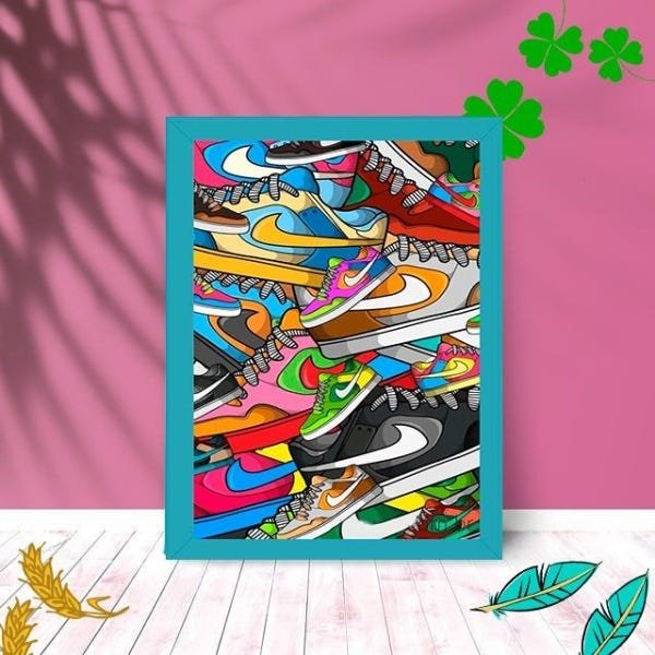 Quadro Decorativo Tenis Nk com Moldura e Vidro 25X33 Quarto:Azul - 1