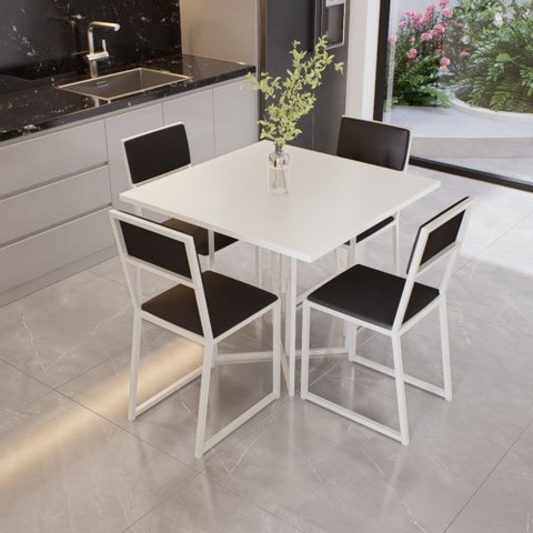Conjunto Mesa de Jantar Quadrada Branca 4 Cadeiras Estofado Riviera Industrial Branco
