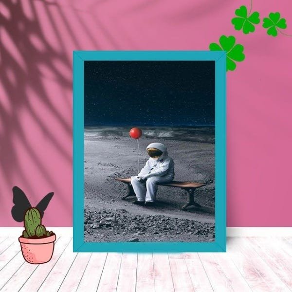 Quadro Decorativo Astronauta Balão com Moldura e Vidro Sala:Azul - 1