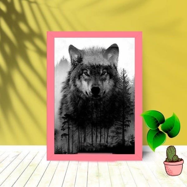 Quadro Decorativo Lobo com Moldura e Vidro 25X33:Rosa - 1