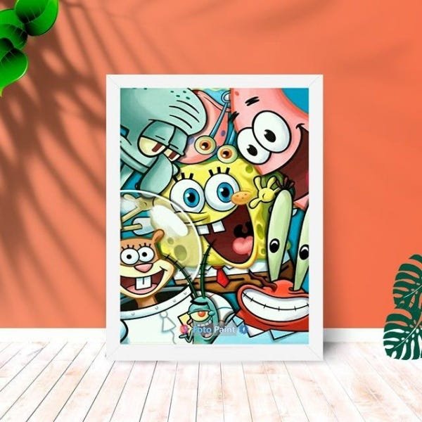Quadro Decorativo Bob Esponja Team com Moldura e Vidro 25X33:Branco - 1