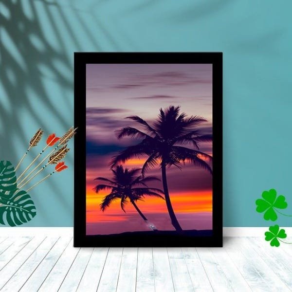 Quadro Decorativo Palmeira Por Sol com Moldura e Vidro 25X33:Preto - 1