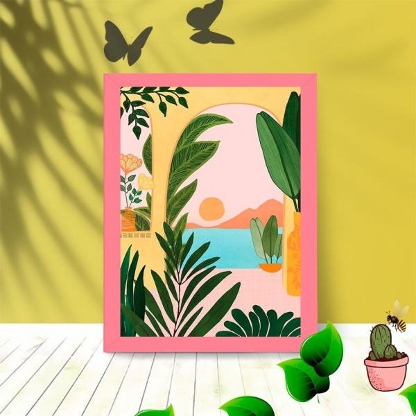 Quadro Decorativo Paisagem Abstrato com Moldura e Vidro 25X33:Rosa - 1