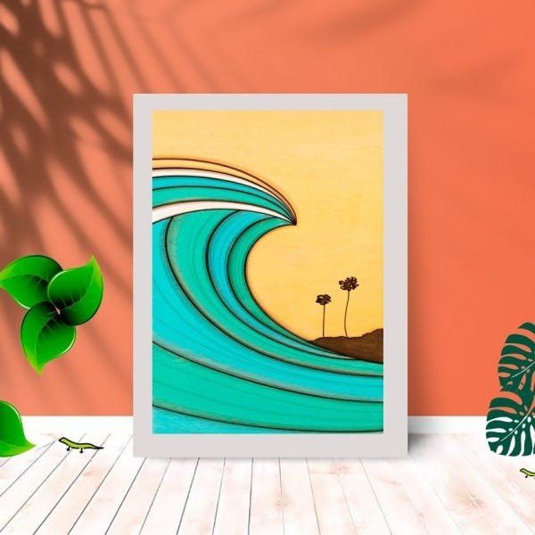 Quadro Decorativo Paisagem Onda com Moldura e Vidro 25X33:Branco - 1