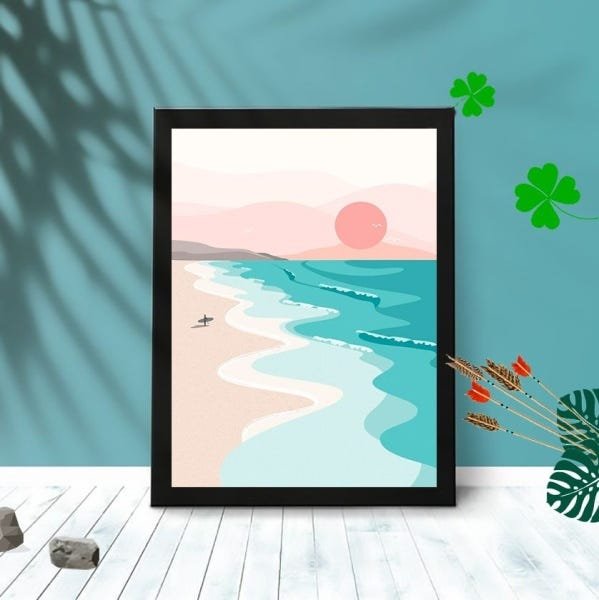Quadro Decorativo Praia Sunset com Moldura e Vidro 25X33 Sala:Preto - 1