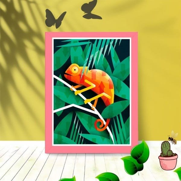 Quadro Decorativo Camaleão Abstrato com Moldura e Vidro 25X33:Rosa - 1