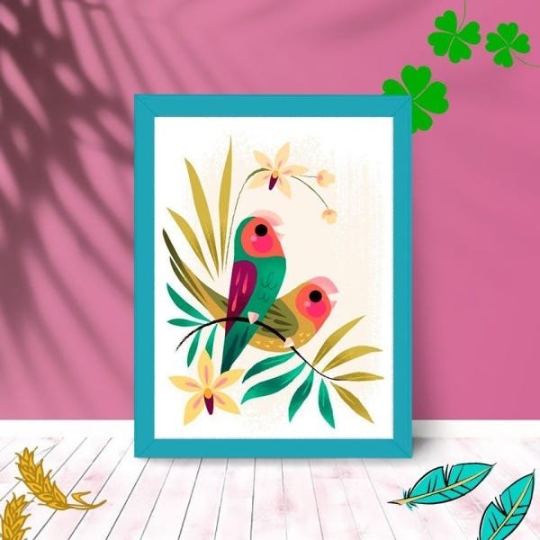 Quadro Decorativo Bird Love Art Paisagem Sala Quarto 25x33:Azul - 1