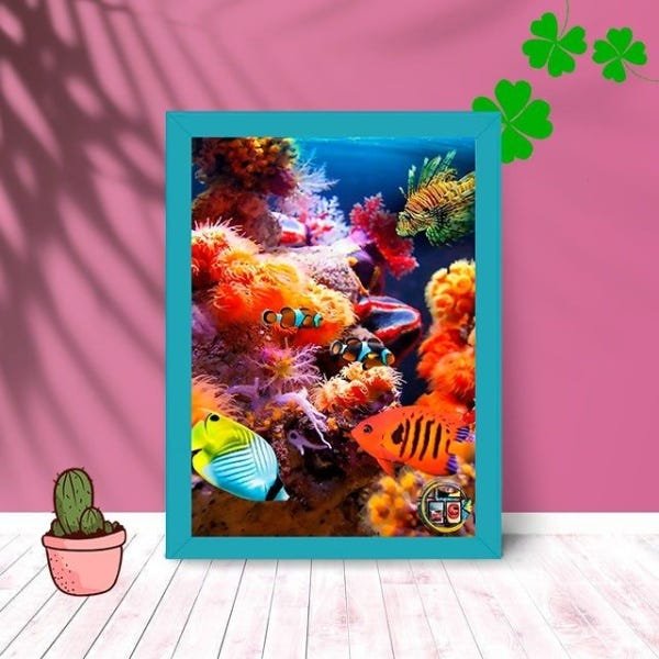Quadro Decorativo Aquário Marinho Mod 2 com Moldura e Vidro:Azul - 1