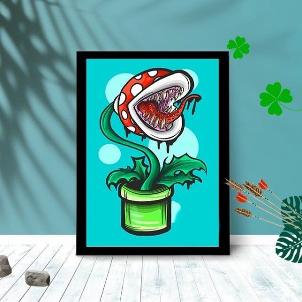 Quadro Decorativo Planta Carnívora Bros com Moldura e Vidro:Preto - 1