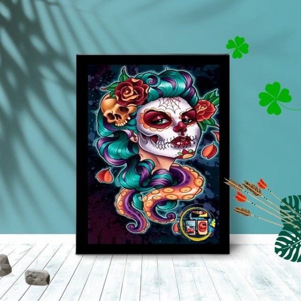 Quadro Decorativo Catrina Design com Moldura e Vidro 25X33:Azul - 3
