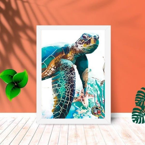 Quadro Decorativo Tartaruga Marinha Ink com Moldura e Vidro:Branco - 1