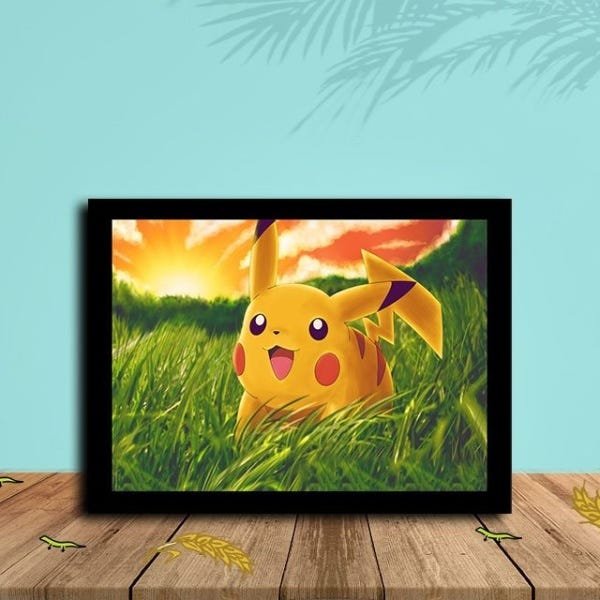 Quadro Decorativo Pikachu com Moldura e Vidro 25X33 Quarto:Preto - 1