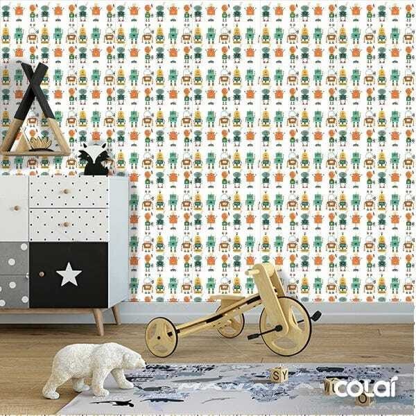 Papel de Parede Adesivo Lavável Robôs de Fundo Branco 18m - 2