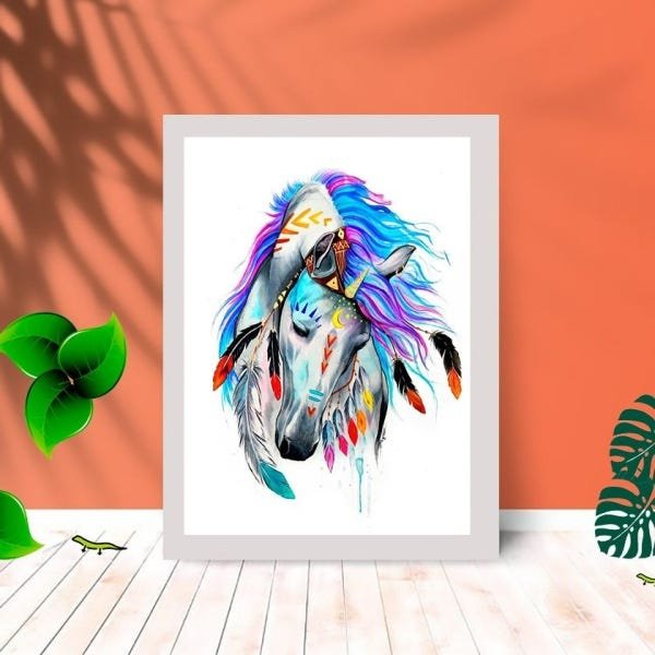 Quadro Decorativo Cavalo Aquarela com Moldura e Vidro 25X33:Branco - 1