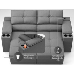 Sofá com Porta Copos e Carregador USB Retrátil e Reclinável Ringo 1,70m Velosuede Grafite - - 6