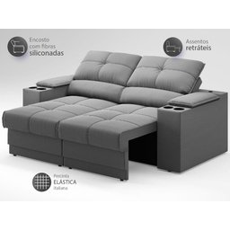 Sofá com Porta Copos e Carregador USB Retrátil e Reclinável Ringo 1,70m Velosuede Grafite - - 4