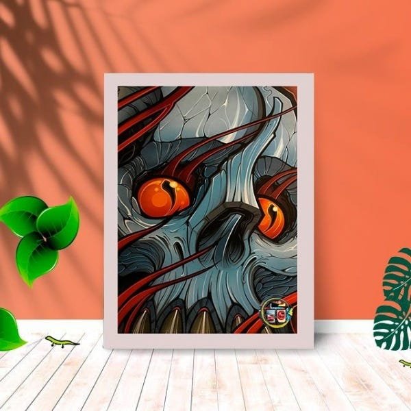 Quadro Decorativo Skull Monster com Moldura e Vidro 25X33:Branco - 1
