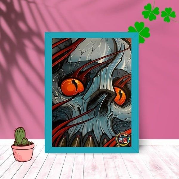 Quadro Decorativo Skull Monster com Moldura e Vidro 25X33:Azul - 1