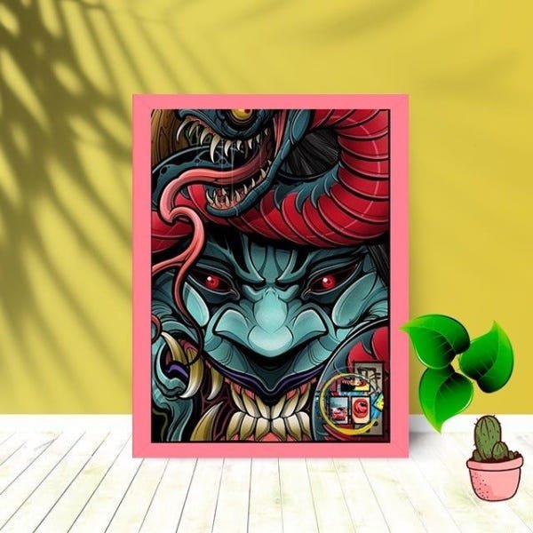 Quadro Decorativo Snake Monster com Moldura e Vidro 25X33:Rosa - 1