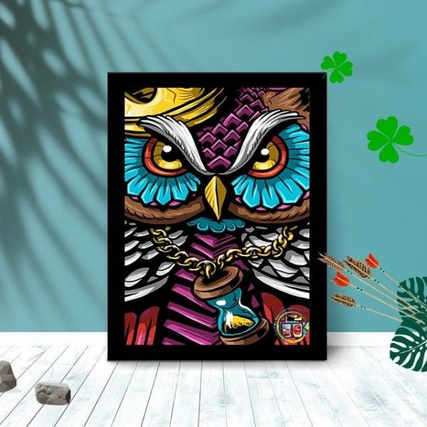 Quadro Decorativo Coruja King Face com Moldura e Vidro 25X33:Preto - 1
