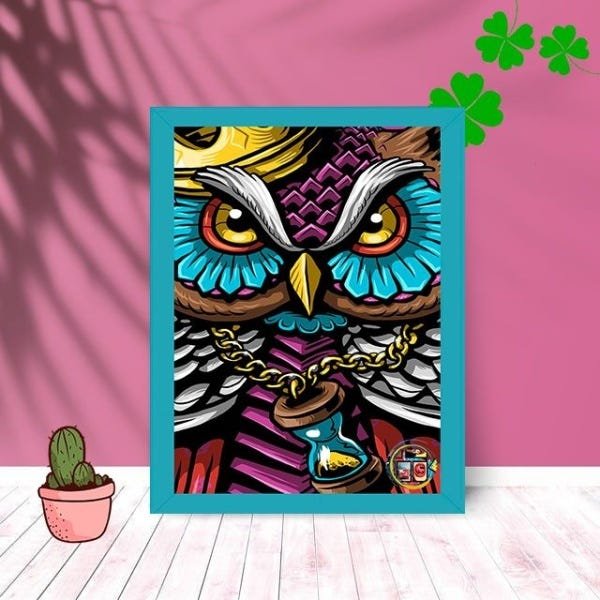 Quadro Decorativo Coruja King Face com Moldura e Vidro 25X33:Azul - 1