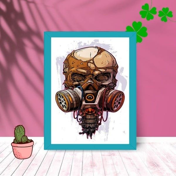 Quadro Decorativo Crânio Humano com Moldura e Vidro 25X33:Azul - 1