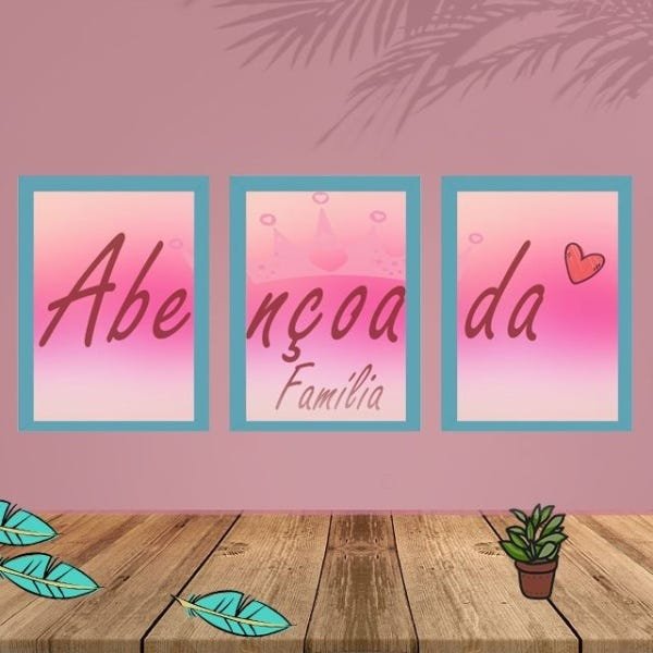 Quadros Decorativos Abençoada Família com Moldura e Vidro 3Pç:Azul - 1