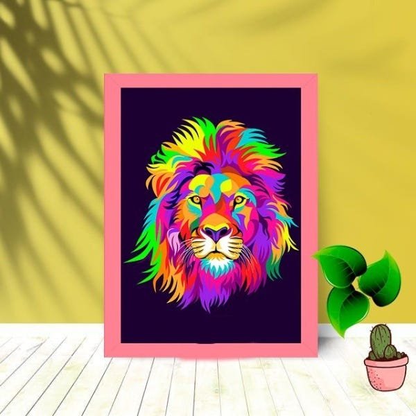 Quadro Decorativo Leão Ink com Moldura e Vidro:Rosa - 1