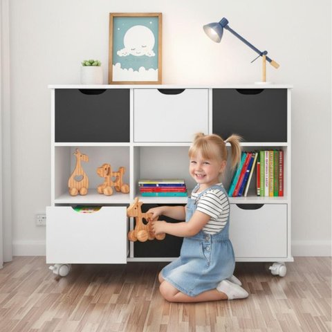 Nicho Estante Quarto Infantil 3 Gavetas com Rodízios - Nicho c/6 Gav Branca Preto