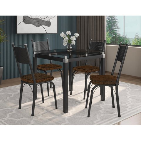Conjunto De Mesa Tubular Malva SF Preto Com 4 Cadeiras 151 Tampo De Vidro 75cm Incolor Assento Imbui