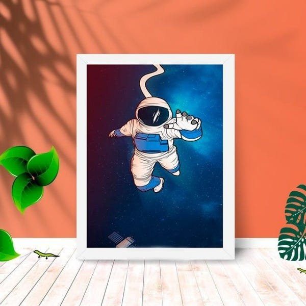 Quadro Decorativo Astronauta Blue com Moldura e Vidro 25X33:Branco - 1