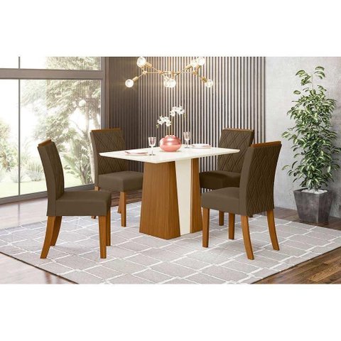Conjunto Mesa de Cozinha Orus Tampo Madeirado com Vidro 120x80cm e 4 Cadeiras Vita Nature Suede