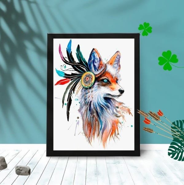 Quadro Decorativo Raposa Aquarela com Moldura e Vidro 25X33:Preto - 1