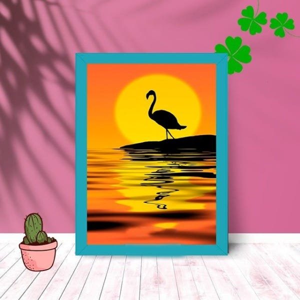 Quadro Decorativo Flamingo Paisagem com Moldura e Vidro:Azul - 1