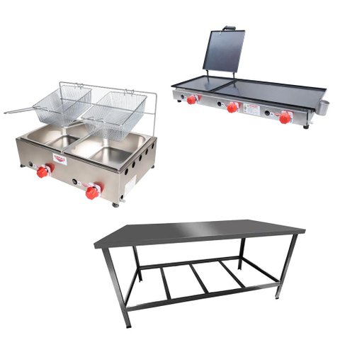 Kit Lanchonete Mesa de Manipulação 120x55cm + Fritadeira a Gás 2 Cuba + Chapa a Gás 90cm