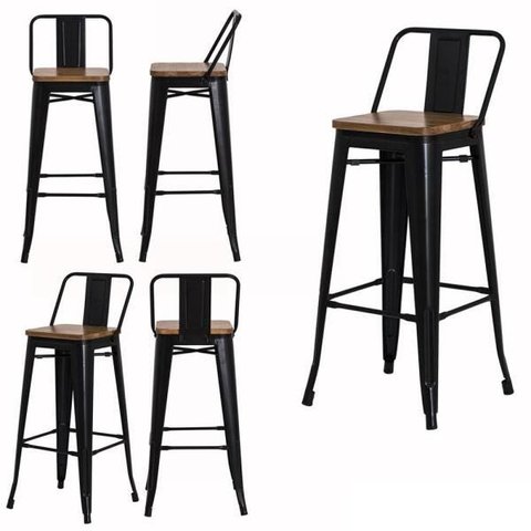 Kit 4 Banquetas Tolix Iron Industrial Preta Assento Madeira