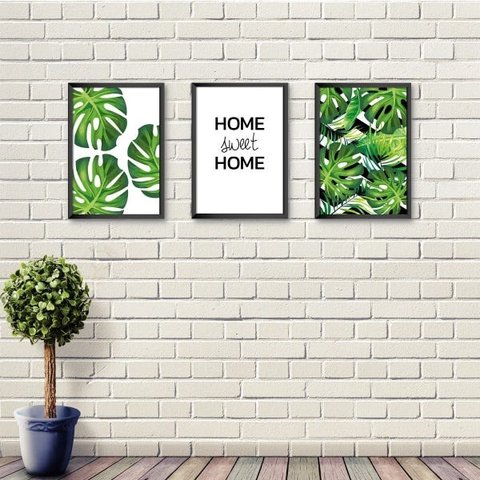 Kit 3 Quadros Home e Folhagens 23,5X33,5 cm com Moldura