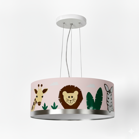Lustre Infantil Pendente Safari Cúpula Tecido 30x15cm 2 em 1: Rosa5870