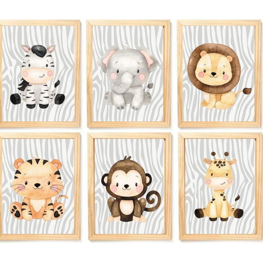 Quadro Infantil Safari 6 Un A4 Vidro e Pendurador