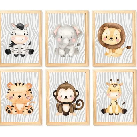 Quadro Infantil Safari 6 Un A4 Vidro e Pendurador