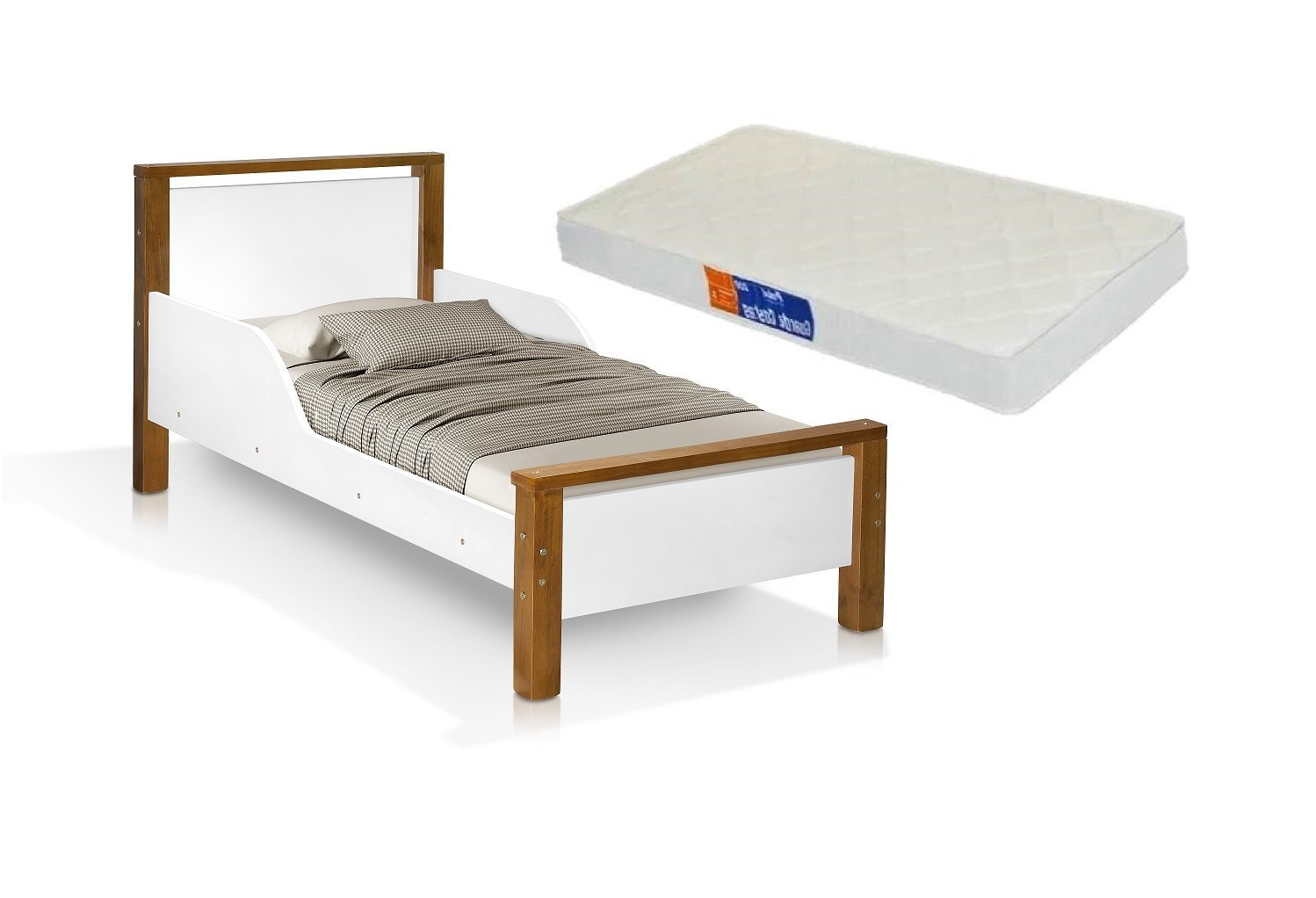 Cama Meli Mdf com Pés Alta do Chão Branco Marrom com Colchão