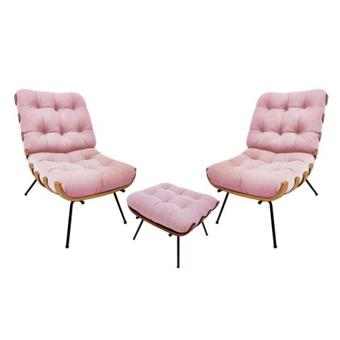 Kit 02 Poltronas e 01 Puff Costela Veludo Rosa