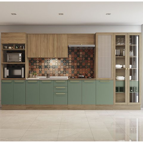 Armário de Cozinha Modulada Completa 08 Peças 4,00m Botanic Kappesberg - Nogueira/verde Oliva